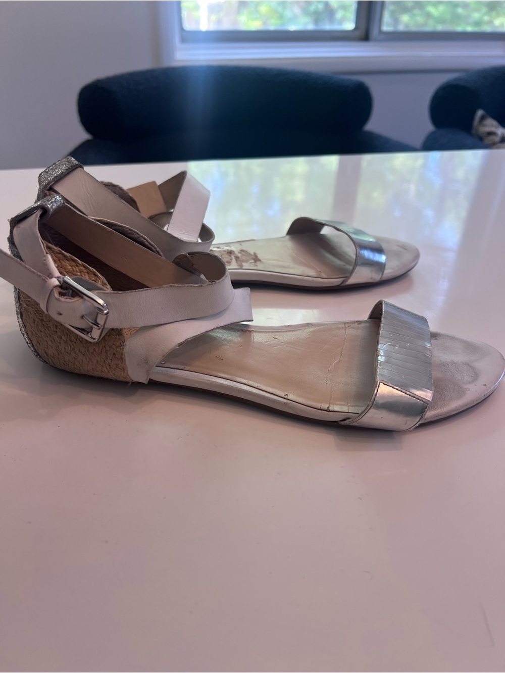 Enzo Angiolini Metallic Silver & White Leather Ankle Strap Sandal w/ Rafia heel